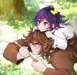  2boys arm_belt belt black_scarf brown_hair brown_jacket brown_sleeves bug butterfly butterfly_net butterfly_on_head buttons checkered_clothes checkered_scarf closed_mouth commentary_request danganronpa_(series) danganronpa_v3:_killing_harmony day fingernails gokuhara_gonta grass hair_between_eyes hand_net hands_on_another&#039;s_head holding holding_butterfly_net insect jacket layered_sleeves light_frown long_hair long_sleeves loose_hair_strand lying lying_on_person male_focus messy_hair multiple_boys oma_kokichi on_stomach outdoors purple_hair red_eyes round_eyewear scarf sleeves_past_wrists thick_eyebrows tree u_u_ki_u_u unmoving_pattern upper_body v-shaped_eyebrows white_belt white_jacket white_scarf white_sleeves yellow_butterfly 