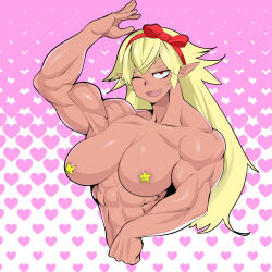  1girl :3 abs areola_slip arm_up asha biceps blonde_hair blush bow_hairband breasts collarbone commentary_request covered_erect_nipples cropped_torso dark_skin fang flexing hairband heart heart_background highres large_breasts long_hair looking_at_viewer medium_bangs muscular muscular_female one_eye_closed open_mouth original pasties pointy_ears red_eyes red_hairband sanpaku smile solo star_pasties tan upper_body 