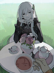 1boy 1girl absurdres black_dress black_eyes butterfly_hair_ornament closed_mouth colored_eyelashes commentary_request cup day dress echidna_(re:zero) eyelashes flower grass hair_between_eyes hair_ornament hands_up highres holding holding_cup interlocked_fingers kiliko-san long_hair long_sleeves looking_at_viewer natsuki_subaru outdoors own_hands_together pov pov_hands re:zero_kara_hajimeru_isekai_seikatsu reflection saucer smile spoon table tea teacup teapot tray vase white_hair rating:General score:27 user:danbooru