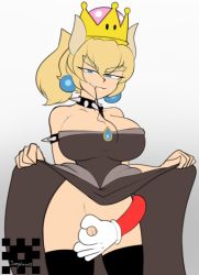 1boy 1girl blonde_hair blue_eyes bowsette circle_game clothes_lift collar dress dress_lift fangs gender_request genderswap gloves horns joeydrawss looking_at_viewer mario mario_(series) meme new_super_mario_bros._u_deluxe nintendo ok_sign prank pubic_hair single_horn smile smug spiked_collar spikes super_crown thighhighs  rating:Questionable score:20 user:g273435d