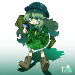  1girl :d ability_card_(touhou) boots box brown_footwear commentary curly_hair flat_cap full_body gradient_background green_background green_hair green_hat green_skirt hat highres key long_hair long_sleeves open_mouth pocket signature skirt smile solo texusa1 touhou yamashiro_takane 