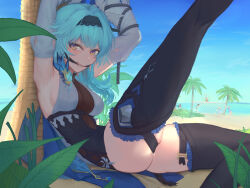  1girl adapted_costume amber_(genshin_impact) armpits barbara_(genshin_impact) beach black_footwear black_hairband blue_hair blush boots breasts chest_harness chiikbone cleave_gag cloth_gag detached_sleeves eula_(genshin_impact) gag gagged genshin_impact hairband harness highres improvised_gag jean_(genshin_impact) klee_(genshin_impact) knee_up large_breasts leg_up long_sleeves looking_at_viewer looking_to_the_side medium_hair palm_tree reclining restrained rope skindentation solo_focus thigh_boots tree venti_(genshin_impact) vision_(genshin_impact) white_sleeves wide_sleeves yellow_eyes 