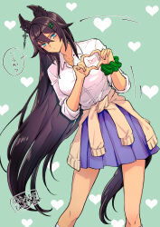  1girl alternate_costume alternate_hairstyle animal_ears black_hair blue_eyes clothes_around_waist collared_shirt commentary_request dark-skinned_female dark_skin earrings green_scrunchie grey_skirt hair_between_eyes hair_ornament hairclip heart heart_hands hi_(ibisf5umauma) highres horse_ears horse_girl horse_tail jewelry leaning_to_the_side light_blue_background long_hair long_sleeves necklace parted_lips scrunchie shirt simple_background single_earring skirt solo speech_bubble sweater sweater_around_waist symboli_kris_s_(umamusume) tail translation_request twitter_username umamusume very_long_hair white_shirt wrist_scrunchie 