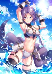 1girl arm_strap armor armpits arms_up bad_id bad_pixiv_id bikini_armor black_thighhighs blue_eyes blue_sky breasts choker cloud day faulds gauntlets grin highres holding holding_sword holding_weapon ichiren_namiro jun_(princess_connect!) jun_(summer)_(princess_connect!) looking_at_viewer medium_breasts midriff navel outdoors princess_connect! purple_hair revealing_clothes short_hair skindentation sky smile solo stomach strap sun sunlight sword thighhighs thighs wading waist_cape water weapon rating:Sensitive score:13 user:danbooru