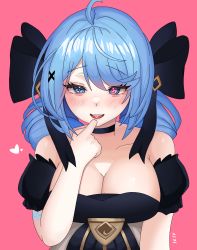 1girl ahoge bare_shoulders black_bow blue_hair blush bow breasts cleavage collarbone detached_sleeves drill_hair gwen_(league_of_legends) hair_bow hand_on_own_chin hand_up highres large_breasts league_of_legends long_hair open_mouth pink_background puffy_short_sleeves puffy_sleeves short_sleeves sileoyo_(kdkinnis) simple_background smile solo teeth twin_drills twintails upper_body upper_teeth_only rating:Sensitive score:32 user:danbooru