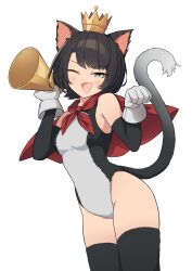  1girl :d absurdres animal_ears black_hair black_thighhighs breasts cait_sith_(ff7) cait_sith_(ff7)_(cosplay) cape cat_ears cat_girl cat_tail commentary cosplay cowboy_shot crown elbow_gloves final_fantasy final_fantasy_vii gloves green_eyes half-closed_eyes highres hololive kittenlochen leotard looking_at_viewer medium_breasts megaphone one_eye_closed oozora_subaru open_mouth paw_pose red_cape short_hair simple_background smile solo symbol-only_commentary tail thighhighs virtual_youtuber white_background white_gloves 