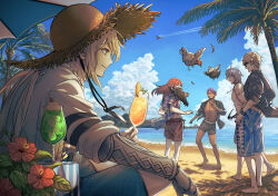  5boys abs animal animal_on_shoulder barefoot beach bedivere_(fate) bird bird_on_shoulder black_male_swimwear black_shirt black_wristband blonde_hair blue_male_swimwear blue_sky cherry chicken closed_eyes closed_mouth cloud contrail cumulonimbus_cloud cup drink drinking_glass fate/grand_order fate_(series) flower food footprints fruit gawain_(fate) green_eyes grey_hair hand_up hat hawaiian_shirt hibiscus highres holding holding_cup holding_removed_eyewear hurricane_glass ice ice_cube jewelry lancelot_(fate/grand_order) lemon lemon_slice long_hair looking_at_another low_twintails male_focus male_swimwear mujou_(mjoysk) multiple_boys necklace ocean official_alternate_costume open_clothes open_mouth open_shirt orange-tinted_eyewear outdoors palm_tree percival_(fate) ponytail_holder print_shirt prosthesis prosthetic_arm purple_hair red_flower red_hair red_male_swimwear shade shirt short_hair short_sleeves sitting sky sleeves_pushed_up smile standing straw_hat sunglasses sweatdrop swim_trunks tan tinted_eyewear topless_male tree tristan_(fate) twintails unworn_eyewear white_shirt 