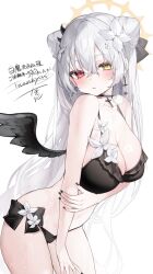  1girl bare_arms bare_shoulders bikini black_bikini black_choker black_nails black_wings blush bow breasts choker cleavage cone_hair_bun cowboy_shot double_bun earrings feathered_wings flower hair_between_eyes hair_bun hair_flower hair_ornament halo heterochromia highres holding_own_arm indie_virtual_youtuber jewelry large_breasts long_hair nail_polish parted_lips red_eyes signature simple_background solo swimsuit tamafurin thighs very_long_hair white_background white_flower white_hair wings yellow_eyes 
