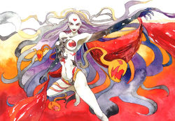  1990s_(style) 1girl akichigusa claws cloud_of_darkness colored_skin elbow_gloves female_focus final_fantasy final_fantasy_iii gloves lipstick long_hair makeup midriff pasties red_eyes silver_hair solo tattoo very_long_hair white_skin 