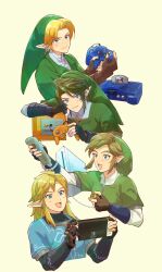  4boys :d arm_up artist_name black_gloves blonde_hair blue_eyes blue_tunic brown_gloves champion&#039;s_tunic_(zelda) closed_mouth commentary_request controller cropped_torso earrings fingerless_gloves game_cartridge game_console game_controller gamecube gamecube_controller gloves green_headwear green_tunic handheld_game_console hands_up hat highres holding holding_controller holding_game_controller holding_handheld_game_console jewelry layered_sleeves link long_hair long_sleeves looking_at_viewer multiple_boys nintendo nintendo_64 nintendo_64_controller nintendo_switch open_mouth outstretched_arm parted_bangs pointy_ears pra_11 ribbed_sweater shirt short_hair short_over_long_sleeves short_sleeves sidelocks simple_background smile sweater the_legend_of_zelda the_legend_of_zelda:_ocarina_of_time the_legend_of_zelda:_skyward_sword the_legend_of_zelda:_tears_of_the_kingdom the_legend_of_zelda:_twilight_princess tunic turtleneck turtleneck_sweater upper_body v-shaped_eyebrows white_shirt wii wii_remote yellow_background 