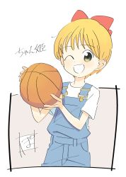  1girl ;d artist_logo ball basketball basketball_(object) beige_background blonde_hair blue_overalls border bow character_name cowboy_shot dot_nose hair_bow hands_up highres hime-chan_no_ribbon holding holding_ball looking_at_viewer nonohara_himeko one_eye_closed open_mouth outside_border overall_shorts overalls poyozoo_(poyozoz) red_bow shirt short_hair short_sleeves simple_background smile solo standing tareme white_border white_shirt yellow_eyes 