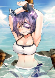  10s 1girl bdsm bikini breasts checkered_clothes checkered_necktie cloud eyepatch gag headgear highres kantai_collection large_breasts navel necktie rope sky solo swimsuit tenryuu_(kancolle) water  rating:Questionable score:24 user:PABCOM