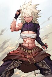  1girl abs absurdres antares_topaz artist_name asymmetrical_arms bandaged_wrist bandages biceps blonde_hair blonde_oni_girl_(rahmid6) breasts bridal_gauntlets character_request chest_sarashi cleavage clenched_hands commission dragon_print fighting_stance gradient_background green_eyes grey_background highres large_breasts legs_apart midriff muscular muscular_female narrow_waist original puffy_pants sarashi scar scar_across_eye scar_on_face shiny_skin signature smoke solo spiked_hair star_(symbol) sweat sweatdrop tomboy translated upper_body yellow_trim  rating:Sensitive score:15 user:danbooru