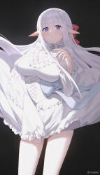  1girl black_background blue_eyes blush_stickers bow braid breasts chilakkk collar commentary corset dress dress_tug elf feet_out_of_frame floating_clothes floating_hair frilled_dress frilled_sleeves frills grey_hair hair_bow hand_up highres large_breasts long_hair long_pointy_ears long_sleeves looking_at_viewer maou_no_ore_ga_dorei_elf_wo_yome_ni_shitanda_ga_dou_medereba_ii? metal_collar nephelia parted_lips pointy_ears red_bow sidelocks simple_background solo standing teeth twitter_username very_long_hair white_corset white_dress wide_sleeves 