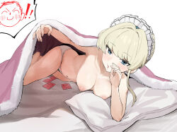  ! !! 1girl doodle_sensei_(blue_archive) bed_invitation blanket blonde_hair blue_archive blue_eyes breasts condom condom_wrapper highres lifting_covers looking_at_viewer lying maid_headdress medium_breasts navel nipples on_side open_mouth panties pillow q_haoyu sensei_(blue_archive) toki_(blue_archive) topless underwear white_panties  rating:Questionable score:132 user:danbooru