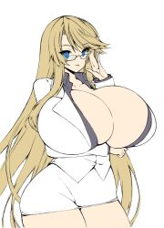  1girl blonde_hair blue_eyes breasts cleavage fluffy2sphere gigantic_breasts glasses highres long_hair looking_at_viewer office_lady parted_lips solo tagme thick_thighs thighs very_long_hair  rating:Sensitive score:20 user:Zaru