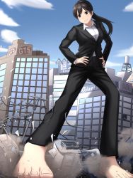  1girl barefoot black_eyes black_hair breasts city destruction formal giant giantess hands_on_own_hips highres jacket long_hair medium_breasts office_lady original ponytail smile suit_jacket takano_(rnmnzn) toes train  rating:Sensitive score:7 user:shadeofthemorningsun