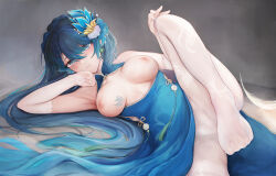 1girl absurdres blue_eyes blue_flower blue_hair blush breast_tattoo breasts breasts_apart bridal_gauntlets cameltoe china_dress chinese_clothes chinese_commentary closed_mouth commentary_request dress expressionless eyes_visible_through_hair flower foot_out_of_frame grey_background hair_between_eyes hair_flower hair_ornament highres large_breasts long_bangs long_hair looking_at_viewer lying mahjong_soul nipples no_shoes on_side pantyhose qing_luan samomii sleeveless sleeveless_dress solo tattoo textless_version toes variant_set very_long_hair white_bridal_gauntlets white_pantyhose rating:Questionable score:16 user:danbooru