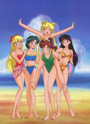  1990s_(style) 5girls absurdres aino_minako ball barefoot beach beachball bikini bishoujo_senshi_sailor_moon black_hair blonde_hair blue_bikini blue_eyes blue_hair bow breasts brown_hair carrying casual_one-piece_swimsuit cleavage closed_eyes day double_bun earrings floral_print green_eyes green_one-piece_swimsuit hair_bobbles hair_bow hair_bun hair_ornament hand_on_another&#039;s_shoulder high_ponytail highres hino_rei holding holding_ball jewelry kino_makoto long_hair medium_breasts mizuno_ami multiple_girls navel non-web_source official_art one-piece_swimsuit open_mouth outdoors outstretched_arms piggyback purple_eyes red_one-piece_swimsuit retro_artstyle sarong scan short_hair smile spread_arms standing striped_clothes striped_one-piece_swimsuit stud_earrings swimsuit toei_animation tsukino_usagi twintails  rating:Sensitive score:27 user:danbooru