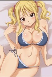  1girl alternate_hairstyle bed bikini blonde_hair breasts brown_eyes cleavage fairy_tail hair_ornament highres large_breasts lucy_heartfilia navel sidelocks smile solo swimsuit thick_thighs thighs twintails  rating:Sensitive score:84 user:jayage5ds
