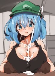  1boy 1girl black_tank_top blue_eyes blue_hair blush breasts brown_gloves commentary_request cum cum_on_body cum_on_breasts cum_on_upper_body ejaculation flat_cap gloves green_headwear hair_bobbles hair_ornament hat hetero highres huge_breasts indoors kawashiro_nitori medium_hair open_mouth paizuri paizuri_under_clothes penis pov solo_focus spy_(user_jxcc8553) tank_top touhou two_side_up uncensored upper_body  rating:Explicit score:126 user:danbooru