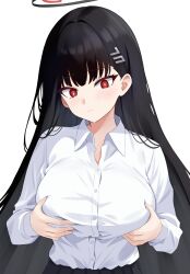  1girl black_hair black_skirt blue_archive breasts buttons closed_mouth collared_shirt hair_ornament hairpin halo highres large_breasts long_hair long_sleeves pleated_skirt raimu_(clanberry000) red_eyes revision ringed_eyes rio_(blue_archive) shirt simple_background skirt solo white_background white_shirt  rating:Sensitive score:11 user:danbooru