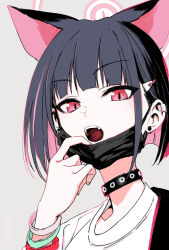 1girl animal_ears blue_archive bracelet cat_ears close-up colored_inner_hair dokuromaru earrings halo highres jewelry kazusa_(band)_(blue_archive) kazusa_(blue_archive) looking_at_viewer mask mask_pull mouth_mask multicolored_hair open_mouth pink_eyes pink_hair solo stud_earrings studded_choker teeth two-tone_hair 