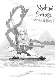  1girl absurdres ahoge album_cover_redraw blue_archive blush bracelet character_name closed_mouth commentary_request derivative_work english_text fire frown full_body glaring greyscale guitar hair_over_shoulder hair_ribbon halo highres holding holding_guitar holding_instrument instrument jacket jacket_partially_removed jewelry kneehighs long_hair looking_at_viewer low_twintails monochrome mountain open_clothes open_jacket outstretched_leg parody pose_imitation print_shirt ribbon shirt shoes skirt sleeves_rolled_up smoke socks solo squatting t-shirt totemoii twintails v-shaped_eyebrows yngwie_malmsteen yoshimi_(band)_(blue_archive) yoshimi_(blue_archive) 