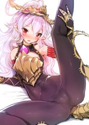 1girl absurdres armor bare_shoulders blush bodysuit breastplate cameltoe cleft_of_venus elbow_gloves gloves granblue_fantasy hair_between_eyes harigane_shinshi headpiece highres leg_up light_purple_hair long_hair looking_at_viewer medusa_(shingeki_no_bahamut) open_mouth pointy_ears red_eyes shingeki_no_bahamut skin_tight solo spread_legs tail very_long_hair rating:Questionable score:45 user:danbooru
