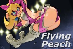  1girl alex_ahad ass ass_cutout ass_focus blonde_hair blue_eyes boots breasts cleavage cleavage_cutout clothing_cutout cosplay earrings frills highres hip_attack jewelry lipstick makeup mario_(series) nintendo princess_peach rainbow_mika rainbow_mika_(cosplay) revealing_clothes ribbon solo street_fighter street_fighter_zero_(series) sweat tagme 