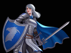  1girl armor black_background black_pants blue_cape braid breastplate breasts brown_eyes cape chainmail commentary commission cowboy_shot crown_braid english_commentary gauntlets grey_hair highres holding holding_shield holding_sword holding_weapon kd_chan large_breasts original pants sheath sheathed shield shoulder_armor solo sword weapon 