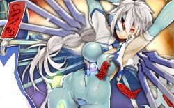  1girl arm_behind_head armpits arms_up blazblue bodysuit braid breasts covered_navel highres large_breasts legs long_hair nu-13 red_eyes seductive_smile smile solo thick_thighs thighs uzukinoko 