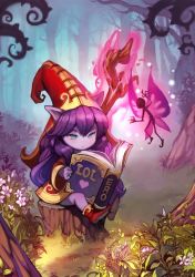  1girl ask_(dreaming_cat) blue_eyes book boots colored_skin flower forest grass hat heart league_of_legends long_hair lulu_(league_of_legends) nature open_book pix_(league_of_legends) pointy_ears purple_hair purple_skin reading riot_games sitting tree  rating:Sensitive score:15 user:danbooru