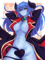  1girl arms_behind_head astaroth_(shinrabanshou) black_sclera blue_hair blue_skin breasts brown_eyes colored_sclera colored_skin demon_girl demon_tail earrings heart heart_earrings jewelry large_breasts long_hair looking_at_viewer no_panties open_clothes pointy_ears shinrabanshou slit_pupils smile solo tail tail_censor wings yude  rating:Questionable score:43 user:danbooru