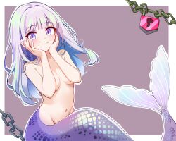 1girl annie_(the_goonies) blush breasts chain closed_mouth completely_nude hands_on_own_cheeks hands_on_own_face light_purple_hair lock looking_at_viewer mermaid monster_girl navel nude padlock purple_eyes saburouta_(hox-666) scales small_breasts smile solo the_goonies topless rating:Questionable score:27 user:danbooru