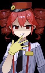  1girl alternate_costume black_background black_necktie collared_shirt drill_hair gloves grin hand_to_own_mouth hand_up hat hidaka_ui highres kasane_teto looking_at_viewer mesmerizer_(vocaloid) necktie parted_lips red_eyes red_hair red_hat shaded_face shirt sleeves_rolled_up smile smiley_face solo striped_clothes striped_shirt suspenders sweat twin_drills upper_body utau yellow_gloves 