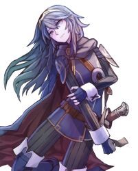  1girl absurdres armor blue_cape blue_eyes blue_gloves blue_hair brand_of_the_exalt cape closed_mouth expressionless fingerless_gloves fire_emblem fire_emblem_awakening gloves hair_between_eyes highres long_hair long_sleeves looking_to_the_side lucina_(fire_emblem) nintendo red_cape sheath sheathed shoulder_armor solo sword symbol_in_eye tbjj1208 tiara two-tone_cape weapon white_background 