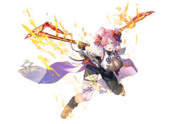 1girl absurdres ahoge asymmetrical_legwear axe blue_eyes breasts chichiri dual_wielding flaming_weapon full_body gloves granblue_fantasy highres holding holding_axe large_breasts pink_hair shimofuri toeless_legwear two_side_up white_background