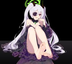 1girl barefoot ddt_(darktrident) eyepatch feet grey_hair highres light_blush long_hair looking_at_viewer open_mouth original red_eyes soles toes twintails rating:Sensitive score:11 user:ssfl