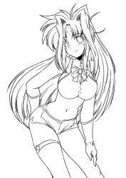  1girl 45acp breasts greyscale highres lindy_harlaown lineart long_hair looking_at_viewer lyrical_nanoha monochrome smile solo very_long_hair 