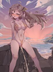  1girl absurdres ahoge alternate_costume blush breasts brown_eyes brown_hair chinese_commentary circlet cleft_of_venus clothing_aside cloud collarbone commentary commentary_request commission covered_erect_nipples embarrassed english_commentary evening feet_out_of_frame fire_emblem fire_emblem_fates highres large_breasts long_hair mixed-language_commentary monokini navel nintendo nose_blush one-piece_swimsuit open_mouth ophelia_(fire_emblem) outdoors pee peeing pussy rune_(dualhart) sitting slingshot_swimsuit solo sunset swimsuit swimsuit_aside uncensored yellow_one-piece_swimsuit  rating:Explicit score:122 user:danbooru