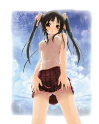 1girl absurdres bare_arms bare_shoulders black_hair blush chestnut_mouth clothes_lift covered_erect_nipples hair_ribbon highres kantoku long_hair open_mouth original panties pantyshot rain red_eyes ribbon see-through shirt skirt skirt_lift sky solo twintails underwear upskirt wet wet_clothes wet_panties wet_shirt white_panties rating:Questionable score:49 user:danbooru