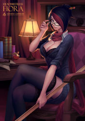  1girl adjusting_eyewear alternate_costume armchair axe black-framed_eyewear black_bra black_hair black_thighhighs blazer blouse blue_eyes book bookshelf bottle bra breasts chair character_name cleavage crossed_legs curtains desk female_focus fiora_(league_of_legends) floral_print folded_ponytail formal glasses hair_over_one_eye headmistress_fiora highres holding indoors jacket lamp large_breasts league_of_legends long_sleeves looking_at_viewer miniskirt multicolored_hair nail_polish oopartz_yang paper parted_lips pencil pencil_skirt perfume_bottle potion red_hair red_nails red_scarf ruler scarf shirt short_hair short_ponytail sitting skirt skirt_set sleeves_pushed_up smile solo striped_clothes striped_shirt striped_skirt swept_bangs thighhighs two-tone_hair underwear vertical_stripes watermark weapon zettai_ryouiki  rating:Sensitive score:108 user:danbooru