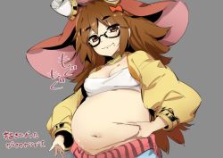 1girl :3 belly belly_grab black-framed_eyewear blush bow breasts brown_eyes brown_hair cleavage closed_mouth commentary crop_top elephant_hat fate/grand_order fate_(series) food food_on_face ganesha_(fate) glasses grey_background hair_bow jacket jinako_carigiri large_breasts long_hair long_sleeves midriff navel plump red_bow tashiro_tetsuya translated very_long_hair yellow_jacket rating:Sensitive score:35 user:danbooru