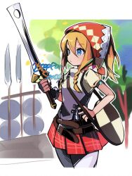  1girl armor belt blonde_hair blue_eyes bonnet braid braided_sidelock breastplate closed_mouth cowboy_shot etrian_odyssey executioner&#039;s_sword from_side hand_on_own_hip hashtag-only_commentary hirotaka_(hrtk990203) holding holding_sword holding_weapon multiple_belts pantyhose plaid plaid_skirt puffy_short_sleeves puffy_sleeves red_skirt sekaiju_no_meikyuu sekaiju_no_meikyuu_4 shield short_sleeves skirt solo sword swordsman_(sekaiju_4) swordsman_4_(sekaiju_4) tree weapon white_pantyhose 