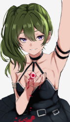  1girl absurdres arm_strap arm_up armpits bare_shoulders belt black_belt black_dress blood blood_on_clothes breasts choker commentary dress english_commentary eyeball green_hair highres holding_eyeball jomizumi large_breasts long_hair looking_at_viewer o-ring o-ring_choker parted_lips purple_eyes side_ponytail simple_background smile solo sousou_no_frieren suspenders_hanging ubel_(sousou_no_frieren) white_background 