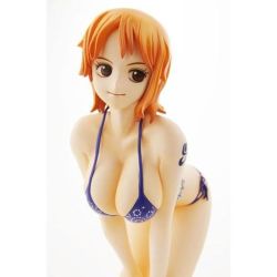  1girl bent_over bikini breasts cleavage female_focus figure huge_breasts nami_(one_piece) one_piece orange_hair photo_(medium) smile solo swimsuit tattoo white_background  rating:Questionable score:33 user:Ruffy16