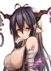 1girl antenna_hair bandaged_arm bandages black_gloves black_hair blush breasts danua draph fingerless_gloves gloves granblue_fantasy hair_between_eyes horns large_breasts long_hair looking_at_viewer pointy_ears red_eyes simple_background solo takahan thumb_sucking upper_body white_background rating:Sensitive score:13 user:danbooru