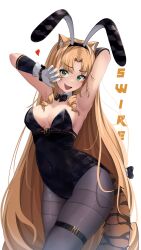 1girl animal_ears arknights arm_up armpits arms_up bare_shoulders black_bow black_leotard blonde_hair blush bow bowtie breasts character_name cleavage covered_navel cowboy_shot detached_collar drill_hair fake_animal_ears gloves green_eyes heart highres lavriell leotard long_hair looking_at_viewer medium_breasts open_mouth pantyhose parted_bangs playboy_bunny rabbit_ears simple_background skindentation smile solo strapless strapless_leotard swire_(arknights) tail thighband_pantyhose thighs tiger_tail very_long_hair white_background white_gloves 