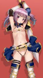  1girl alice_gear_aegis armor armpits arms_up bikini boots breasts gloves gluteal_fold highres holding holding_sword holding_weapon ichijou_ayaka long_hair looking_at_viewer micro_bikini navel nipples purple_eyes purple_hair pussy pussy_peek sasayuki see-through small_breasts solo swimsuit sword thigh_boots twintails weapon 